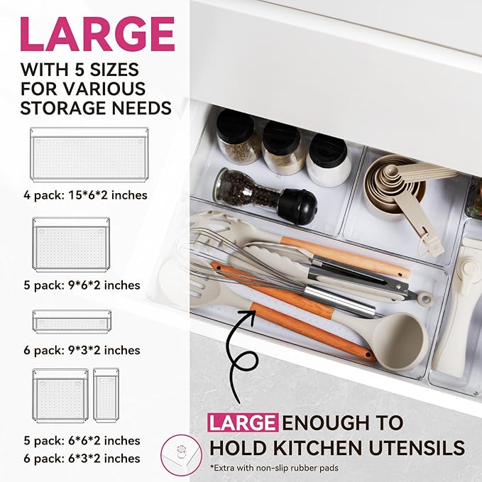 Criusia Large Drawer Organizer Bins 26 Pack | Complete 5 Size Clear Plastic Kitchen Drawer Organizers for Utensils | Bathroom Drawer Organizer Trays | Versatile for Makeup Office Organization - Image 2