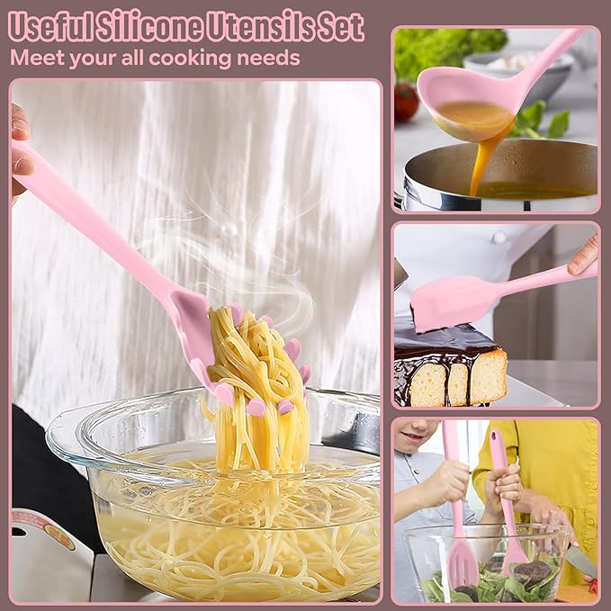 E-far Silicone Cooking Utensils Set, 7-Piece Pink Heat Resistant Kitchen Utensils Set, Kitchen Nonstick Tools Spatula Ladle Spoon Pasta Server for Non-stick Cookware, Non-Toxic & Dishwasher safe - Image 5
