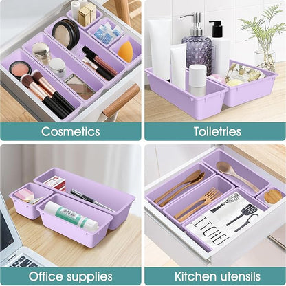 WOWBOX 25 PCS Plastic Drawer Organizer Set, 4 Sizes Desk Drawer Divider Organizers and Storage Bins for Makeup, Jewelry, Gadgets for Kitchen, Bedroom, Bathroom, Office, Purple - Image 5