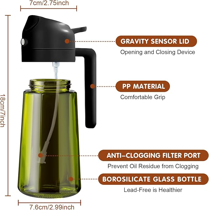 YARRAMATE 16oz/470ml 2PCS Light Blockage Dark Oil Sprayer for Cooking, 2 in 1 Olive Oil Dispenser Bottle for Kitchen, Green Glass Oil Bottle, Food-Grade Oil Mister for Air Fryer, BBQ (Black & Green) - Image 7