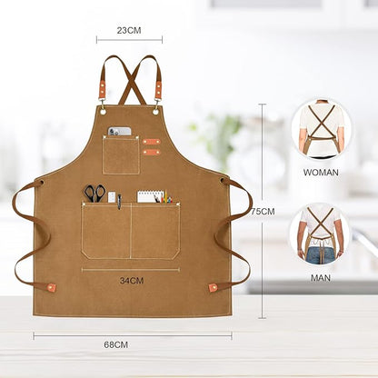 OUNLEN Chef Apron for Men Women Canvas Aprons with 3 Pockets Cross Back Resistant Work Apron for Cooking - Image 2