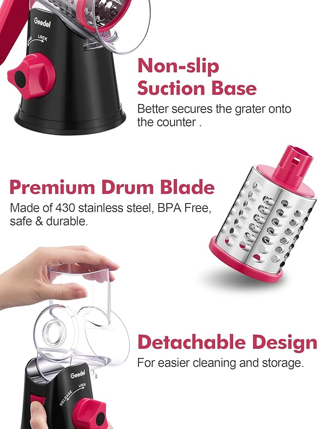 Geedel Rotary Cheese Grater, Kitchen Mandoline Vegetable Slicer with 3 Interchangeable Blades, Easy to Clean Rotary Grater Slicer for Fruit, Vegetables, Nuts - Image 6