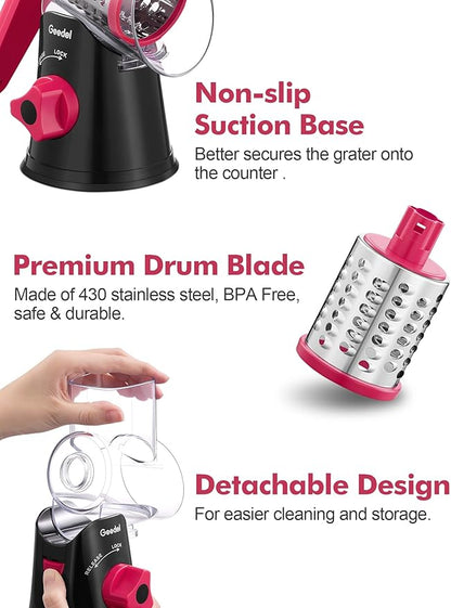 Geedel Rotary Cheese Grater, Kitchen Mandoline Vegetable Slicer with 3 Interchangeable Blades, Easy to Clean Rotary Grater Slicer for Fruit, Vegetables, Nuts - Image 6