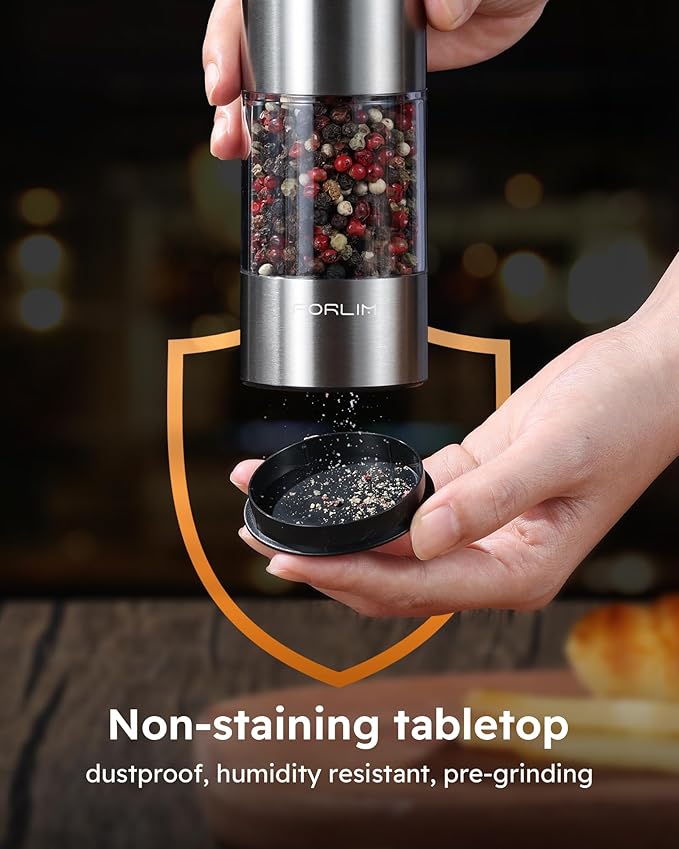 FORLIM Electric Salt and Pepper Grinder Set, USB Rechargeable, Automatic Salt Pepper Mill Grinder with Dust Cover, One-Button Control, Adjustable Coarseness, Warm LED Light (2 Packs, Stainless Steel) - Image 3