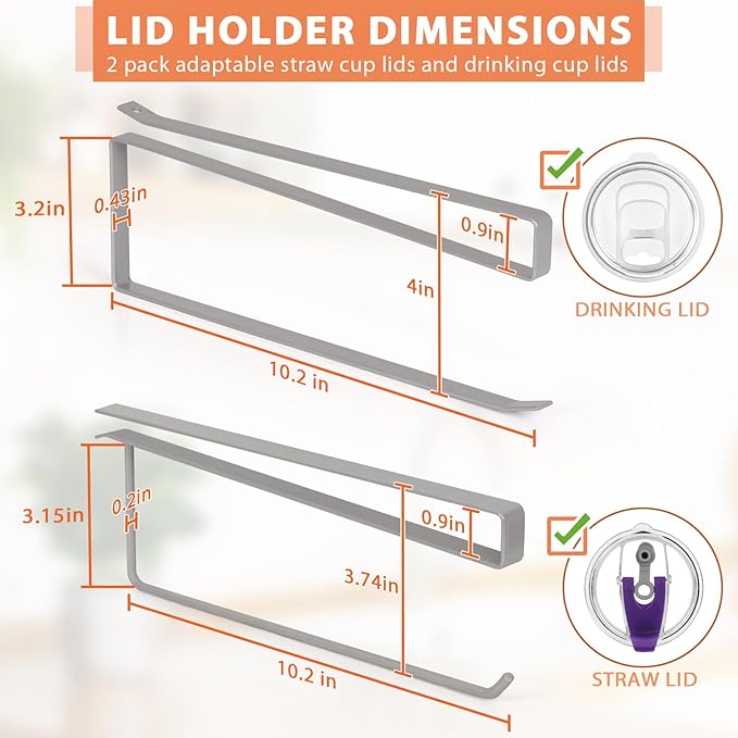 2 Pack Tumbler Lid Organizer, Horizontal Tumbler Lid Storage Hook Up to 20 Lids, Space Saving Cup Lid Holder Under Cabinet Tumbler Lid Hook for Kitchen Organizer, Paper Towel Hanger(Round&Flat, Grey) - Image 3
