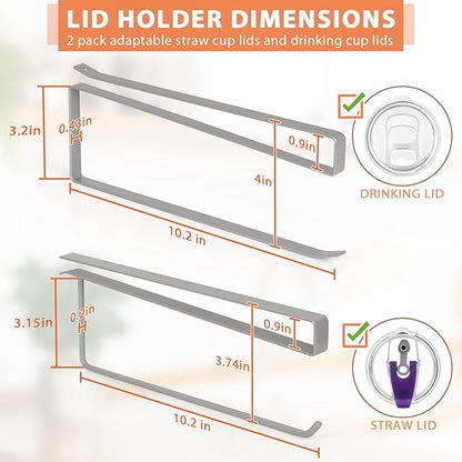 2 Pack Tumbler Lid Organizer, Horizontal Tumbler Lid Storage Hook Up to 20 Lids, Space Saving Cup Lid Holder Under Cabinet Tumbler Lid Hook for Kitchen Organizer, Paper Towel Hanger(Round&Flat, Grey) - Image 3