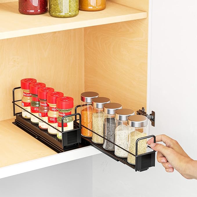 SpaceAid Pull Out Spice Rack Organizer for Cabinet, Heavy Duty Slide Out Seasoning Kitchen Organizer, Cabinet Organizer, with Labels, 5.2" W x10.8 D x4 H, 2 Drawers 1-Tier - Image 5