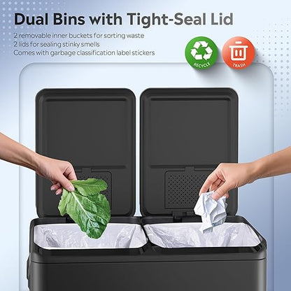 WLIVE 2 x 8 Gallon Stainless Steel Dual Trash Can, Double Trash Can Kitchen with Soft-Close Lid, Trash and Recycle Bin Combo, Kitchen Garbage Can with Deodorizing Filter Box and Inner Buckets, Black