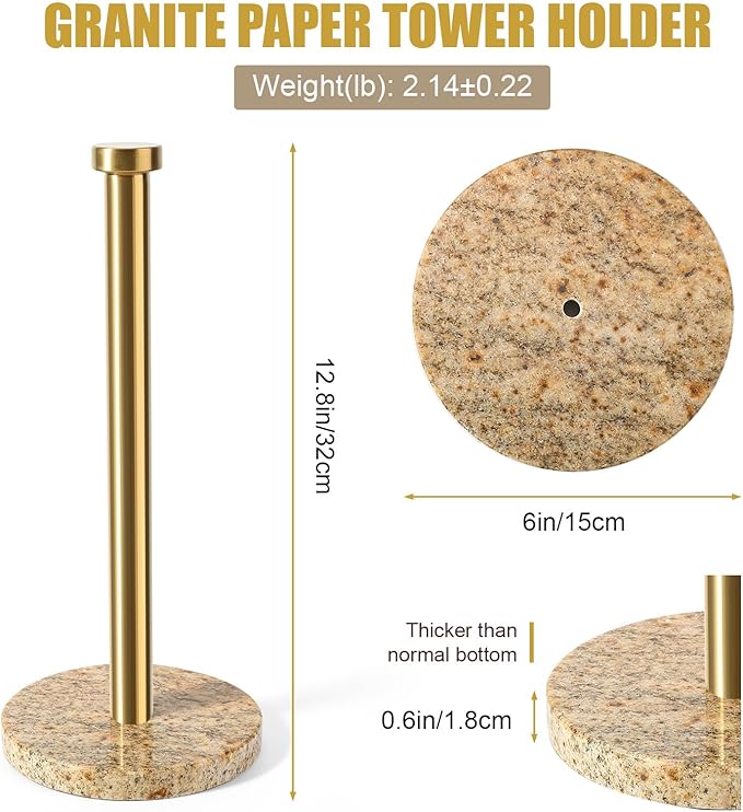 Koville Paper Towel Holder Countertop, Standing Paper Roll Holder with 6" Weighted Marble Base, Stone Paper Towel Holder with Gold Stainless Steel Rod for Kitchen Bathroom (Golden River)