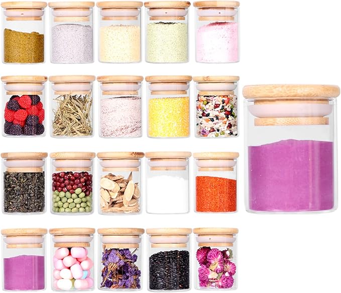 Tzerotone Spice Jar Set,2.5oz 20 Piece Glass Jar with Bamboo Airtight Lids and Labels, Mini Clear Food Storage Containers for pantry, kitchen canisters for Tea, Herbs, Sugar, Salt, Coffee by Tzerotone