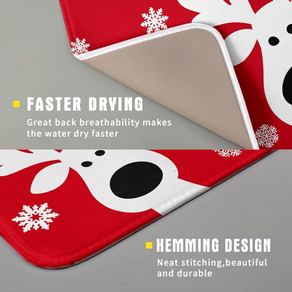 Xmas Dish Drying Mat for Kitchen Counter Cute Reindeer Holiday Snowflake Microfiber Absorbent Dish Draining Reusable Washable Foldable 16"x18" - Image 3