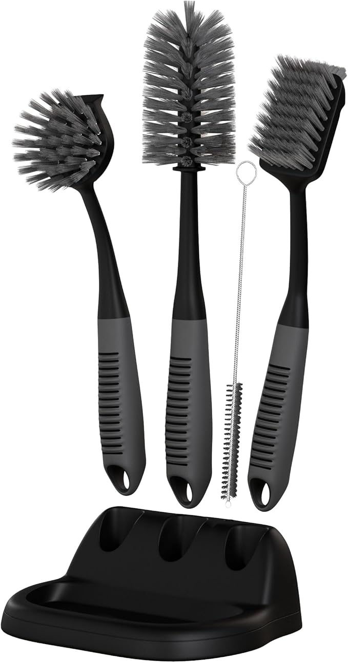 Dish Brush Set of 5 with Holder - Kitchen Scrub Brushes with Non-Slip Long Handle for Cleaning, Scrubber, Dishwashing, Dishes, Bottles, Straws, Cups, Pots & Sink, Black by TrazonProducts