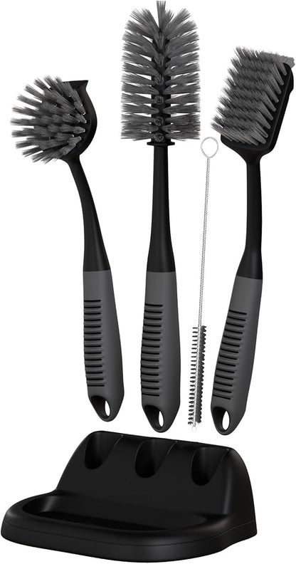 Dish Brush Set of 5 with Holder - Kitchen Scrub Brushes with Non-Slip Long Handle for Cleaning, Scrubber, Dishwashing, Dishes, Bottles, Straws, Cups, Pots & Sink, Black by TrazonProducts