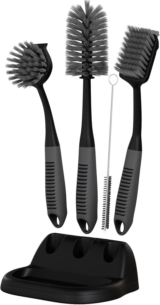 Dish Brush Set of 5 with Holder - Kitchen Scrub Brushes with Non-Slip Long Handle for Cleaning, Scrubber, Dishwashing, Dishes, Bottles, Straws, Cups, Pots & Sink, Black by TrazonProducts