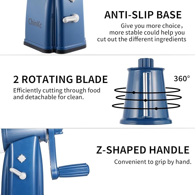 Upgrade Rotary Cheese Grater Shredder with Handle, Strong Suction Base, Multi-purpose Rotary Grater Slicer with 5 Interchangeable Blades for Ice, Vegetables, Fruit, Nuts with Blade Storage Box - Image 6