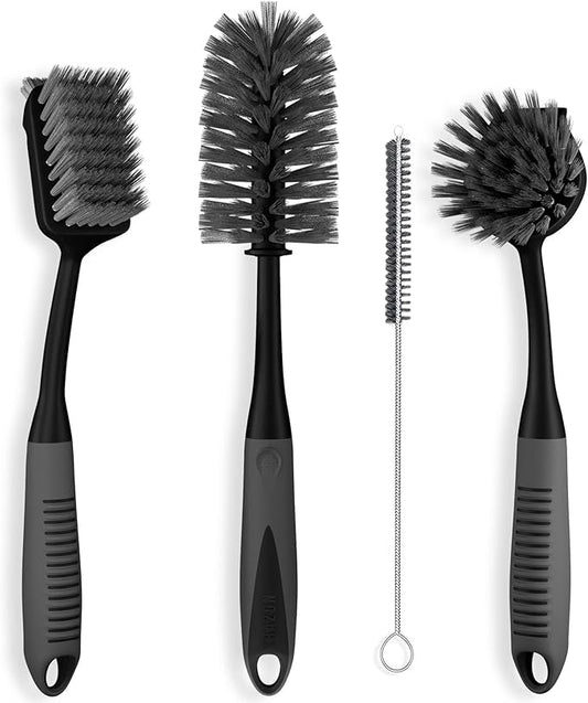 Dish Brush Set of 4 - Kitchen Scrub Brushes with Non-Slip Long Handle for Cleaning, Scrubber, Dishwashing, Dishes, Bottles, Straws, Cups, Pots & Sink, Black by TrazonProducts