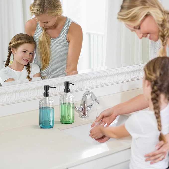 AmazerBath Soap Dispenser, 2 Pack Glass Soap Dispenser with Stainless Steel Pump, 17 Oz Bathroom Hand Soap Dispensers Bottle for Bathroom & Kitchen, Clear & Black - Image 9