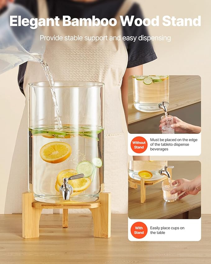 VEVOR Beverage Dispenser, 2.2 Gallon Drink Dispensers for Parties, Glass Juice Dispenser with Wood Stand, Stainless Steel Spigot, Iced Tea Lemonade Juice Water Dispensers for Parties