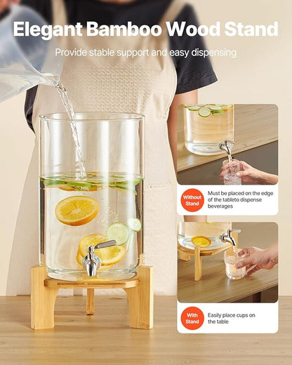 VEVOR Beverage Dispenser, 2.2 Gallon Drink Dispensers for Parties, Glass Juice Dispenser with Wood Stand, Stainless Steel Spigot, Iced Tea Lemonade Juice Water Dispensers for Parties