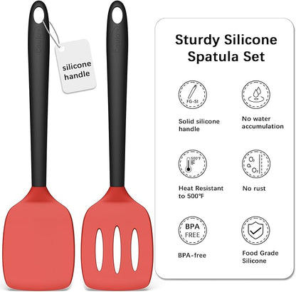 Coukre 2 Pack Silicone Spatula Set, High Heat Resistant, BPA Free Kitchen Spatula, Solid & Slotted Turner for Non-Stick Pans, Sautéing, and Flipping (2, RedBlack) - Image 3