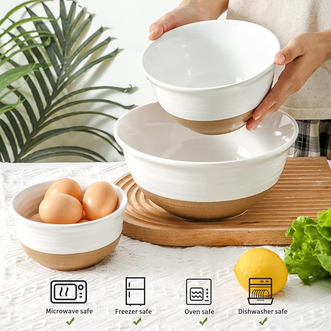 HASENSE Ceramic Mixing Bowls, Large Serving Salad Pasta Bowls Set, 2.1/1.0/0.5 Qt for Entertaining, White Nesting Batter Bowls for Prepping Baking, Dishwasher Microwave Safe, Set of 3 - Image 6