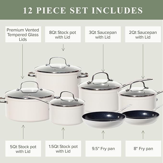 Nuwave Healthy Duralon Blue Ceramic Nonstick Cookware Set, Diamond Infused Scratch-Resistant, PFAS Free, Dishwasher & Oven Safe, Induction Ready & Evenly Heats, Tempered Glass Lids & Stay-Cool Handles - Image 7