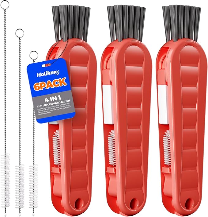 6 Pack Holikme 4 in 1 Cup Lid Cleaning Brush Set with 3 Straws, Multifunctional Bottle Brush, Silicone Cup Lid Gap Cleaner, Durable Bristle Crevice Cleaning Brush, Red by Holikme