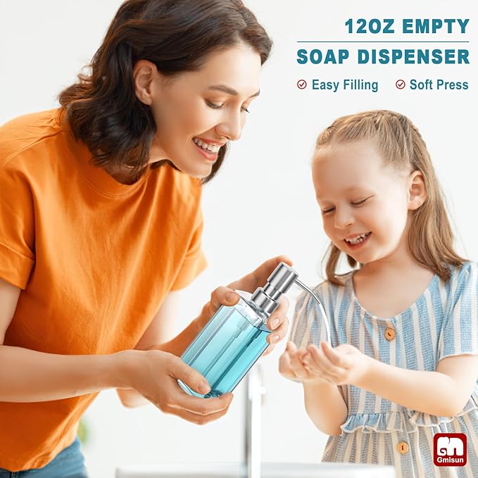 GMISUN Glass Soap Dispenser with Stainless Steel Pump, Clear Hand Soap Dispenser for Bathroom, 12 fl oz/350ml Hand and Dish Soap Dispensers Set for Kitchen, Refillable Liquid Soap and Lotion Bottle - Image 7