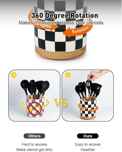 LoeJan 3 Compartment Utensil Holder, Extra Large Utensil Crock, Stable Ceramic Utensil Organizer, Cooking Tool Organizer Set for Kitchen Counter Farmhouse Decor (G-Black(Square)) - Image 4