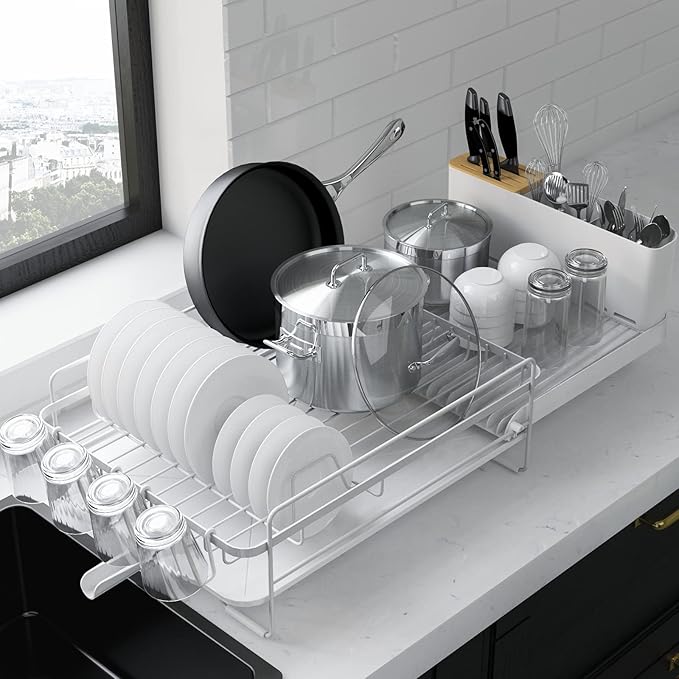 Kitsure Large Dish Drying Rack - Extendable Dish Rack, Multifunctional Dish Rack for Kitchen Counter, Anti-Rust Dish Drainers with Cutlery & Cup Holders 19.2"-26.7" L x 12.9" W, White by Kitsure