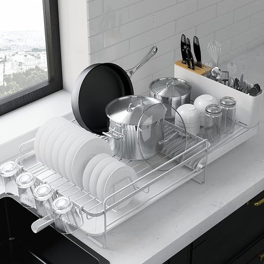 Kitsure Large Dish Drying Rack - Extendable Dish Rack, Multifunctional Dish Rack for Kitchen Counter, Anti-Rust Dish Drainers with Cutlery & Cup Holders 19.2"-26.7" L x 12.9" W, White by Kitsure