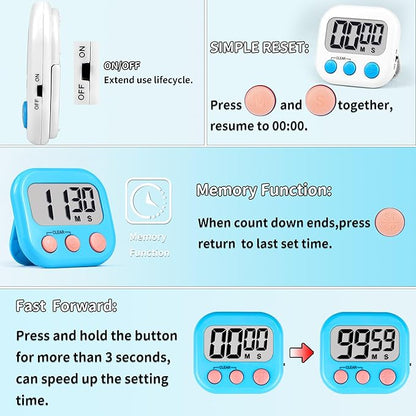 Timer for Kids Teachers Digital Kitchen Timers for Cooking Large Magnetic Classroom Timer 4Pack-Blue White