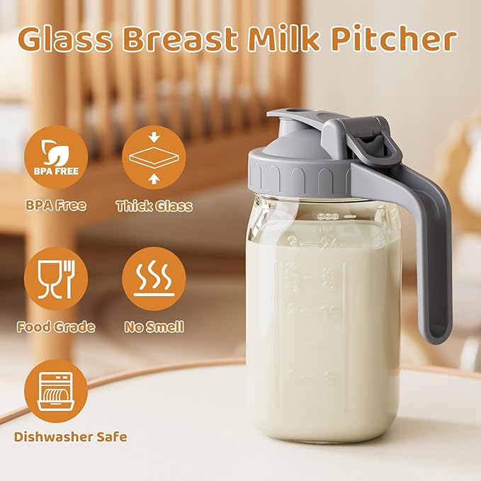OneDream 2PACK Breast Milk Pitcher 32oz Glass Pitcher with Lid, Leakproof Drip-Free Spout, Breastmilk Storage Pitcher for Fridge - Image 6