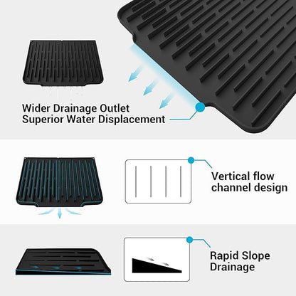 Foldable Silicone Dish Drying Mat for Kitchen Counter & Sink - Quick Dry, Space Saving, Non-Slip Pad for Small Apartments & Coffee Bar Black