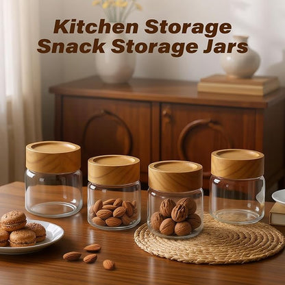 6-Pack 6 fl oz Stackable Airtight Glass Jars (with Acacia Wood Lids + Sticker Labels) – Small Mason Jars designed for overnight oats, spices, dry goods, and kitchen organization.