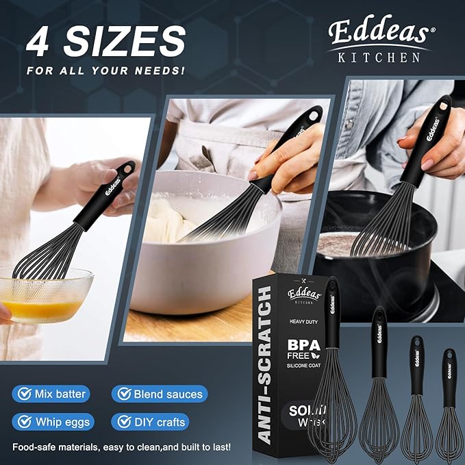 Eddeas Silicone Whisk - Non Scratch Whisks for Cooking, 500°F Heat Resistant Siliocne Wisk tool, Heavy Duty Kitchen Whisks, for Blending, Beating, set of 4 (5+7+9+11 inch) Black - Image 5