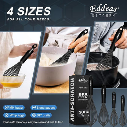 Eddeas Silicone Whisk - Non Scratch Whisks for Cooking, 500°F Heat Resistant Siliocne Wisk tool, Heavy Duty Kitchen Whisks, for Blending, Beating, set of 4 (5+7+9+11 inch) Black - Image 5