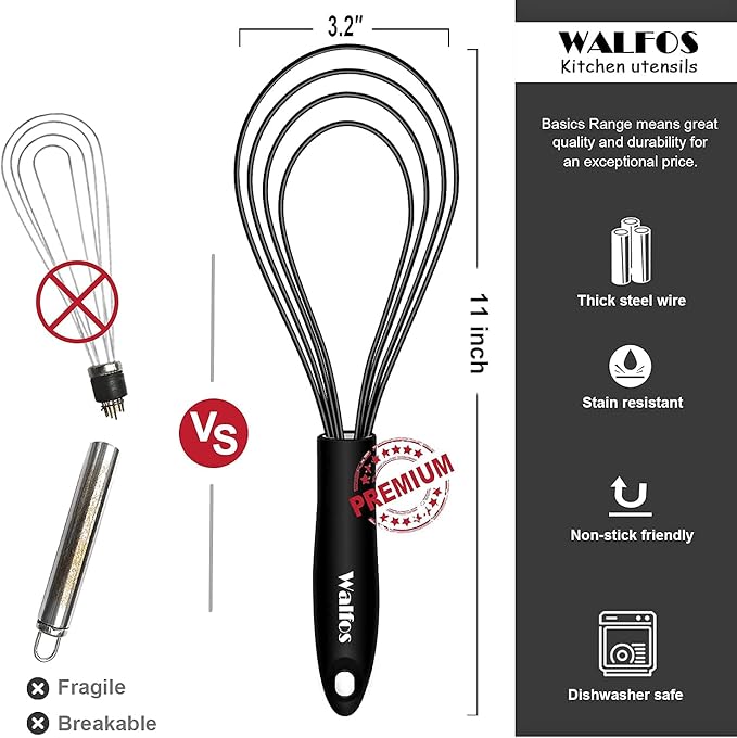 Walfos Silicone Flat Whisk,11inch Flat Whisk Non Scratch Coated Flat Whisks for Cooking.Great for Ceramic Coated pans and Wider shallower pots.Black - Image 4