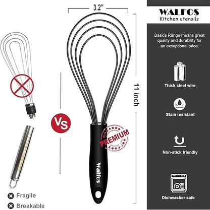 Walfos Silicone Flat Whisk,11inch Flat Whisk Non Scratch Coated Flat Whisks for Cooking.Great for Ceramic Coated pans and Wider shallower pots.Black - Image 4