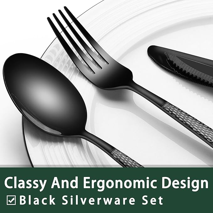 EWFEN 24-Piece Black Silverware Set with Steak Knives, Black Flatware Set for 4, Food-Grade Stainless Steel Tableware Cutlery Set, Mirror Finished Utensil Sets for Home Restaurant, Round Hammered - Image 3