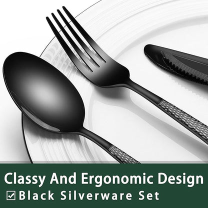 EWFEN 24-Piece Black Silverware Set with Steak Knives, Black Flatware Set for 4, Food-Grade Stainless Steel Tableware Cutlery Set, Mirror Finished Utensil Sets for Home Restaurant, Round Hammered - Image 3