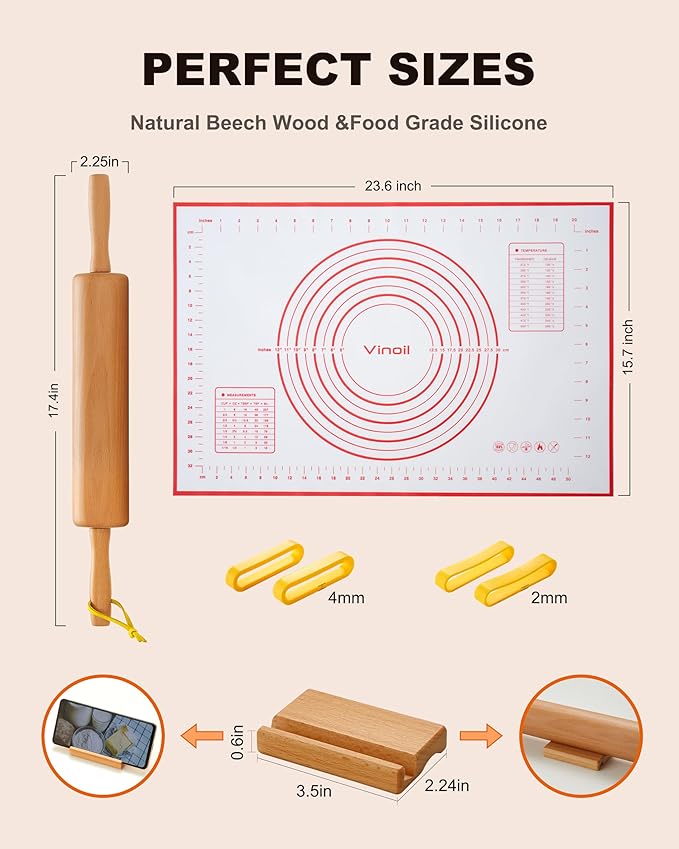 Classic Wood Rolling Pin, 17" Rolling Pins for Baking with Silicone Mat and Adjustable Thickness Rings, Pasta Roller with Wood Base, Fondant Roller for Pie Crust, Cookies, Pizza Dough and Bread - Image 4