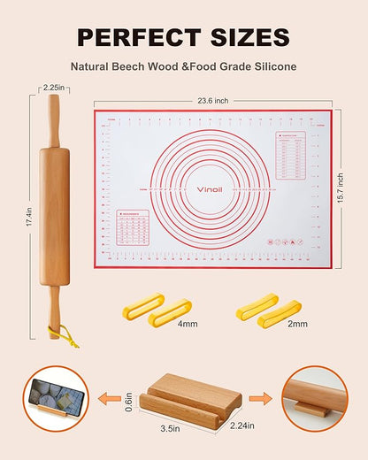 Classic Wood Rolling Pin, 17" Rolling Pins for Baking with Silicone Mat and Adjustable Thickness Rings, Pasta Roller with Wood Base, Fondant Roller for Pie Crust, Cookies, Pizza Dough and Bread - Image 4