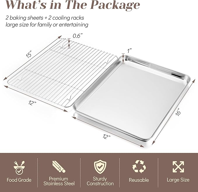 TeamFar Baking Sheet with Rack Set (2 Pans + 2 Racks), Stainless Steel Baking Pan Cookie Sheet for baking, Non Toxic & Healthy, Easy Clean & Dishwasher Safe - 4 Pack