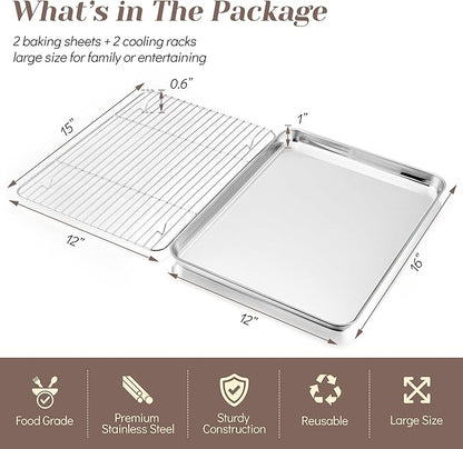 TeamFar Baking Sheet with Rack Set (2 Pans + 2 Racks), Stainless Steel Baking Pan Cookie Sheet for baking, Non Toxic & Healthy, Easy Clean & Dishwasher Safe - 4 Pack