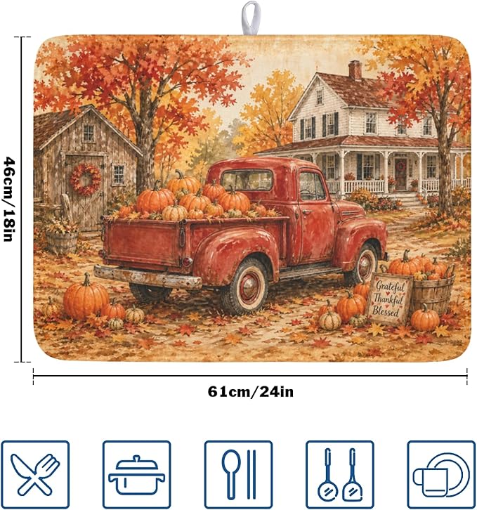 Fall Pumpkin Dish Drying Mat for Kitchen Counter Thanksgiving Autumn Harvest Pattern Microfiber Dish Drainer Mat Vintage Rustic Farmhouse Absorbent Washable Drying Pad 18"x24"