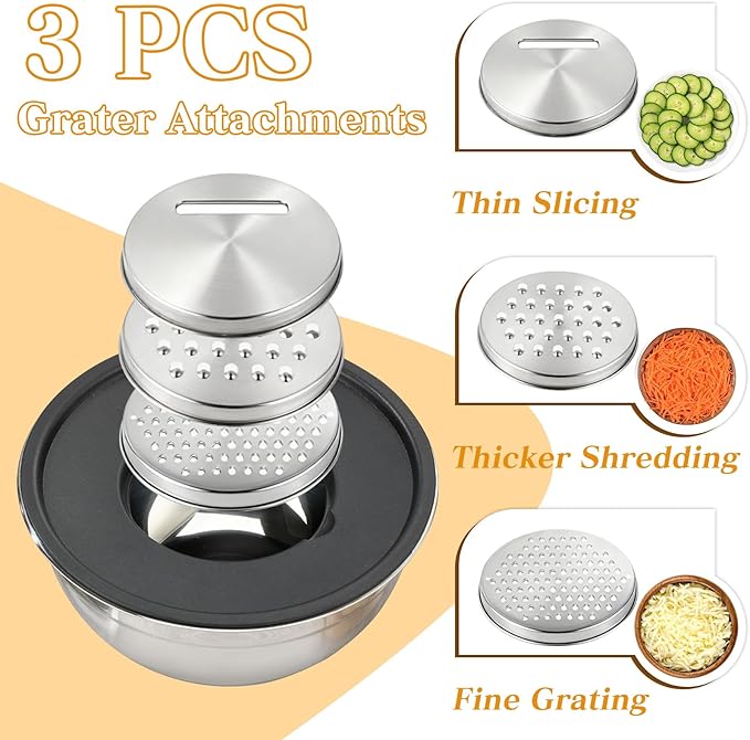 Unokit Mixing Bowls with Lids Set - 7 Pcs Stainless Steel Mixing Bowls with 3 Grater Attachments, Non-Slip Silicone Base Mixing Bowl Set for Kitchen - Image 4