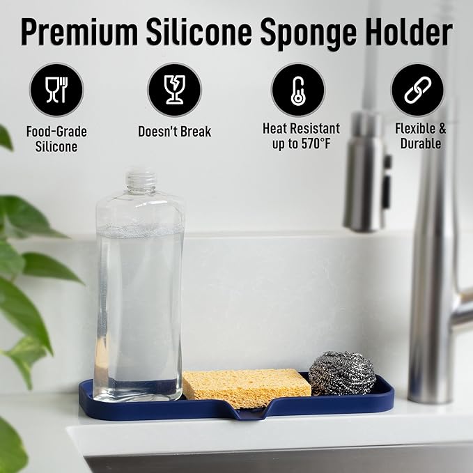 Zulay Kitchen Large Silicone Sponge Holder (12x4) – Flexible Sink Organizer Tray for Kitchen & Bathroom – Multipurpose Soap Dish for Sponges, Makeup, Trinkets & More (Dark Blue) - Image 2