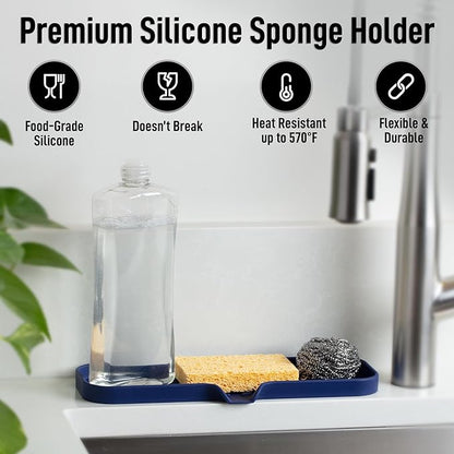 Zulay Kitchen Large Silicone Sponge Holder (12x4) – Flexible Sink Organizer Tray for Kitchen & Bathroom – Multipurpose Soap Dish for Sponges, Makeup, Trinkets & More (Dark Blue) - Image 2