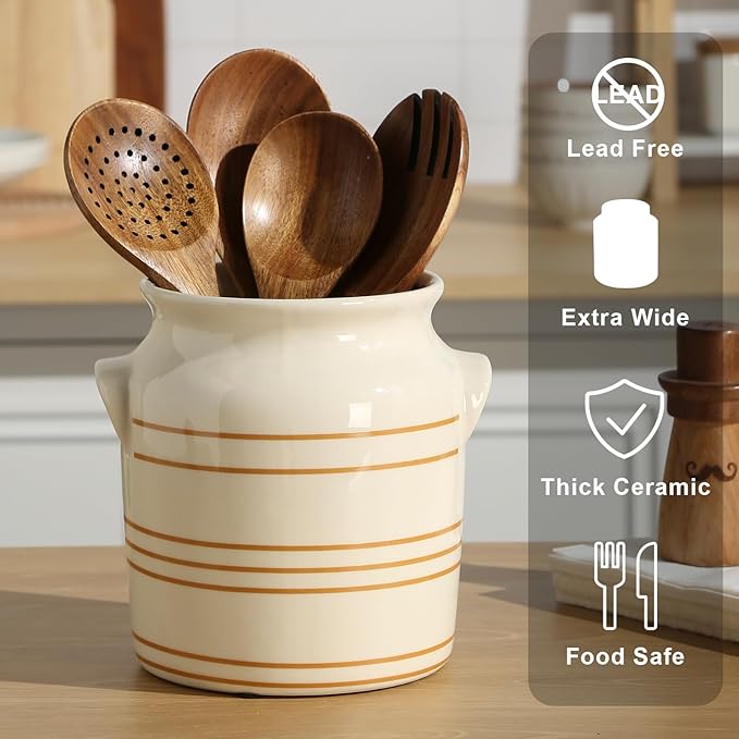 Ceramic Farmhouse Kitchen Utensil Holder for Countertop, Rustic Cooking Utensil Holder Crock Fit for Kitchen Counter. 6*6.8*6.7 IN - Image 4